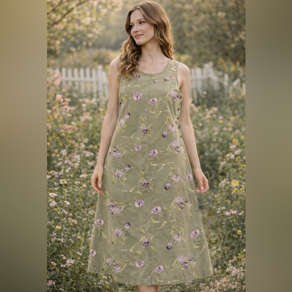 Floral Tulip Button-Accent Midi Overall Dress spring  granny cottage modest